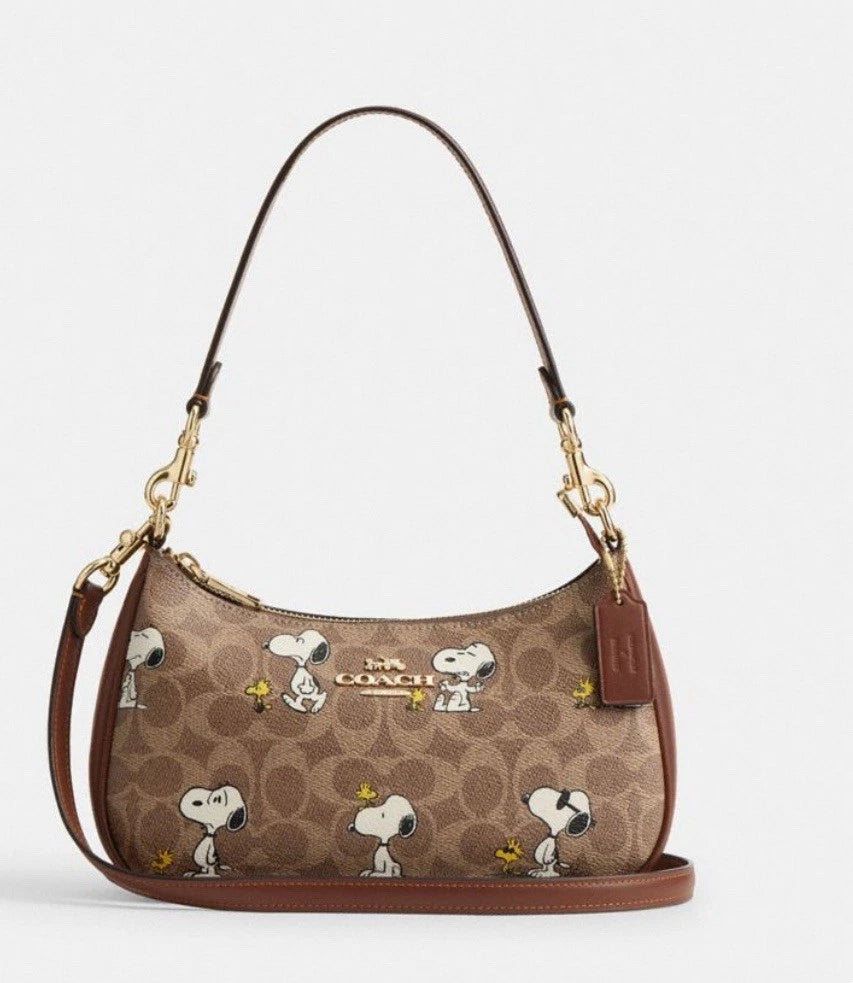 NWT Coach Teri Shoulder Bag Signature Canvas Leather Snoopy Print CBJ8